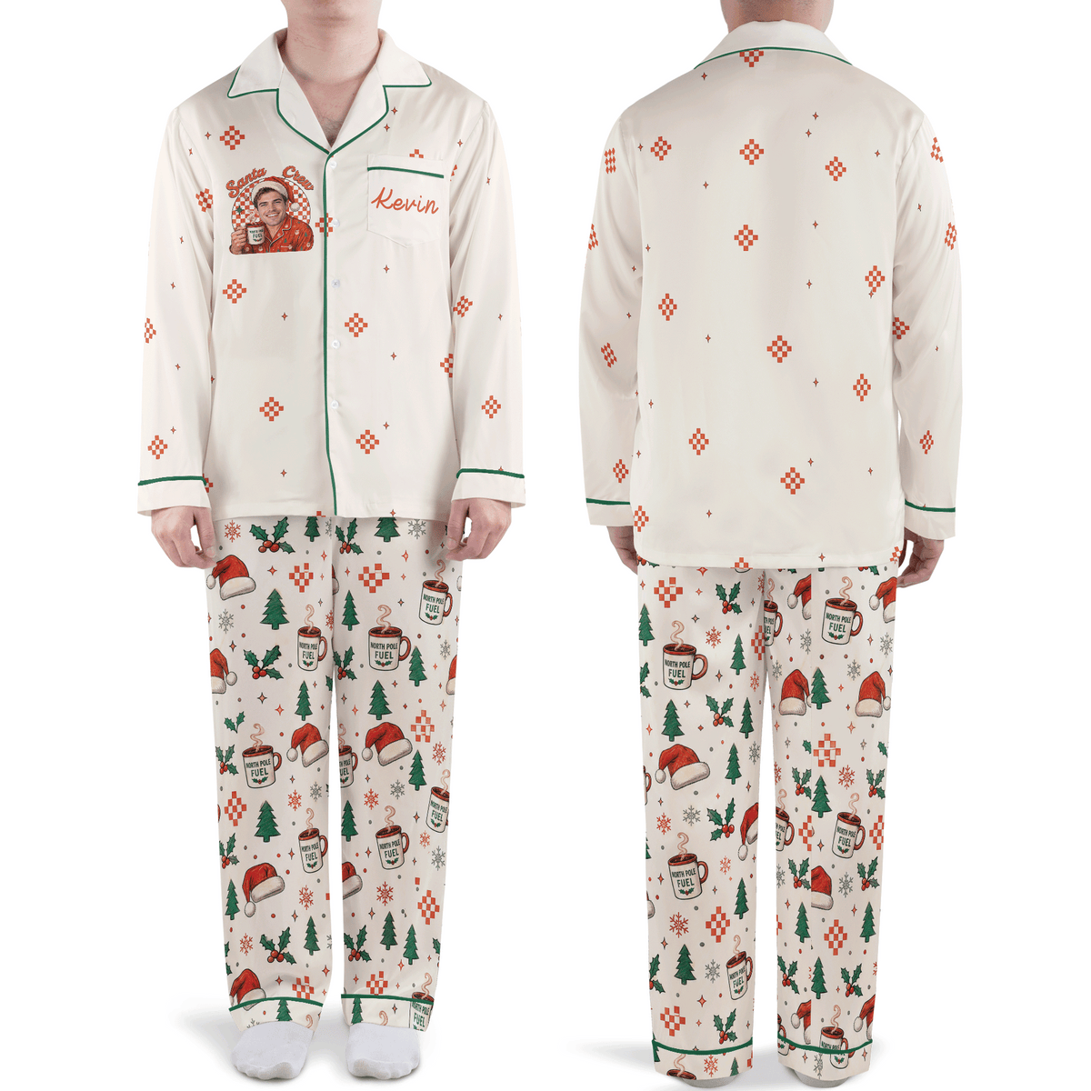 Custom face photo and name Santa crew cocoa mug men Christmas pajamas set, front and back