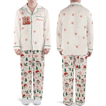 Custom face photo and name Santa crew cocoa mug men Christmas pajamas set, front and back