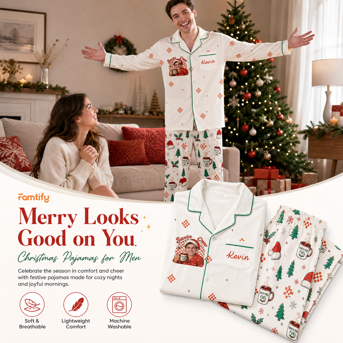 Custom face photo and name Santa crew cocoa mug men pajamas view 3