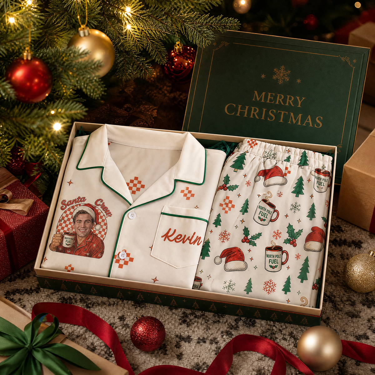 Custom face photo and name Santa crew cocoa mug men pajamas view 4