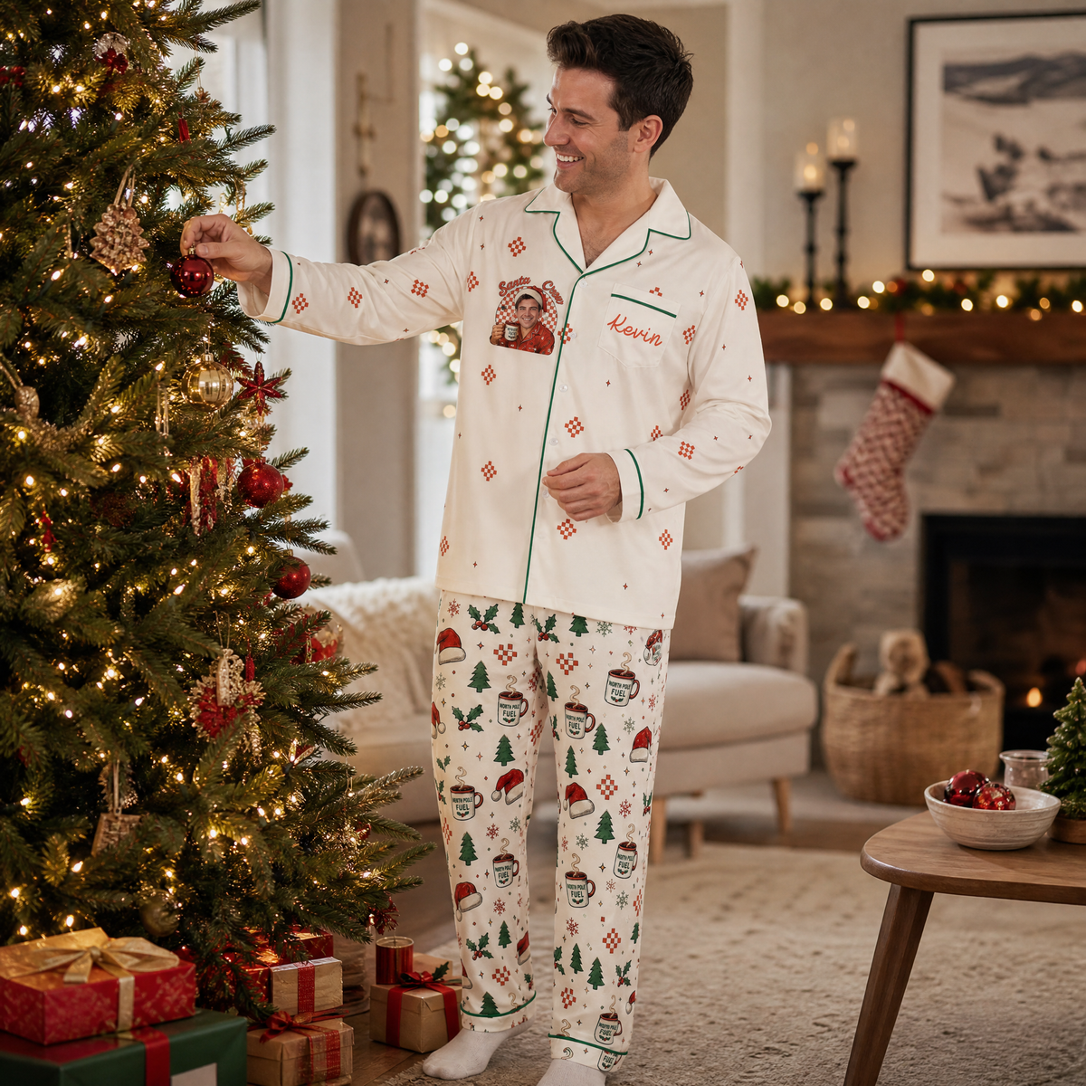 Custom face photo and name Santa crew cocoa mug men pajamas view 5