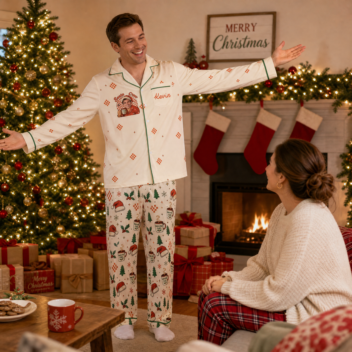 Custom face photo and name Santa crew cocoa mug men pajamas view 6