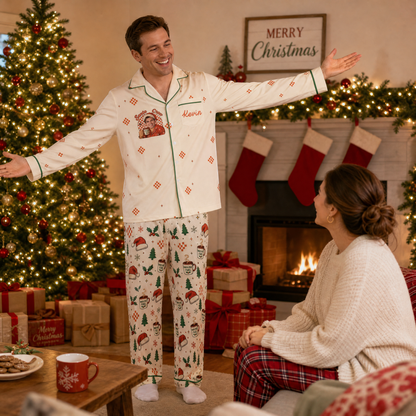 Custom face photo and name Santa crew cocoa mug men pajamas view 6