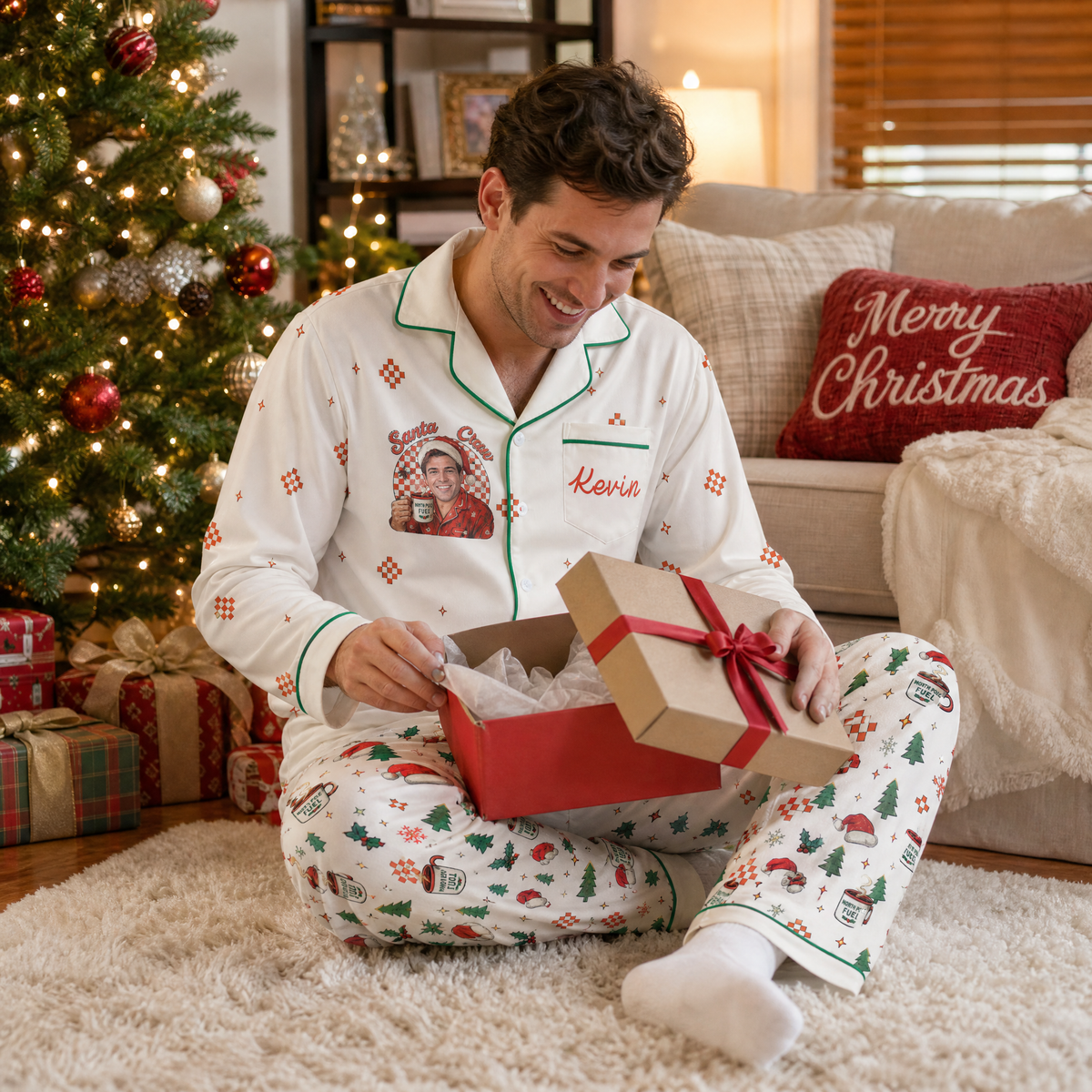 Custom face photo and name Santa crew cocoa mug men pajamas view 7