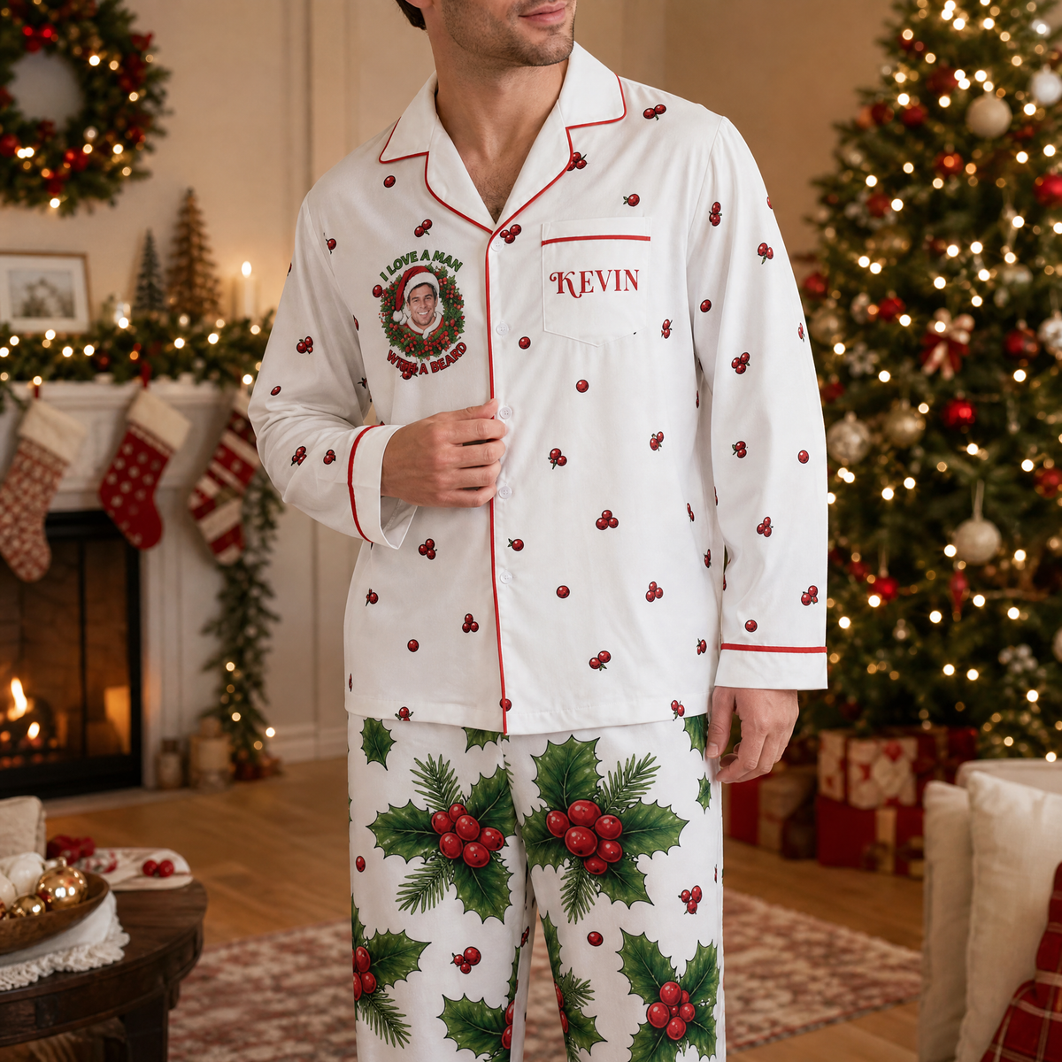 Man wearing custom face photo and name man with a beard holly wreath Christmas pajamas by the tree