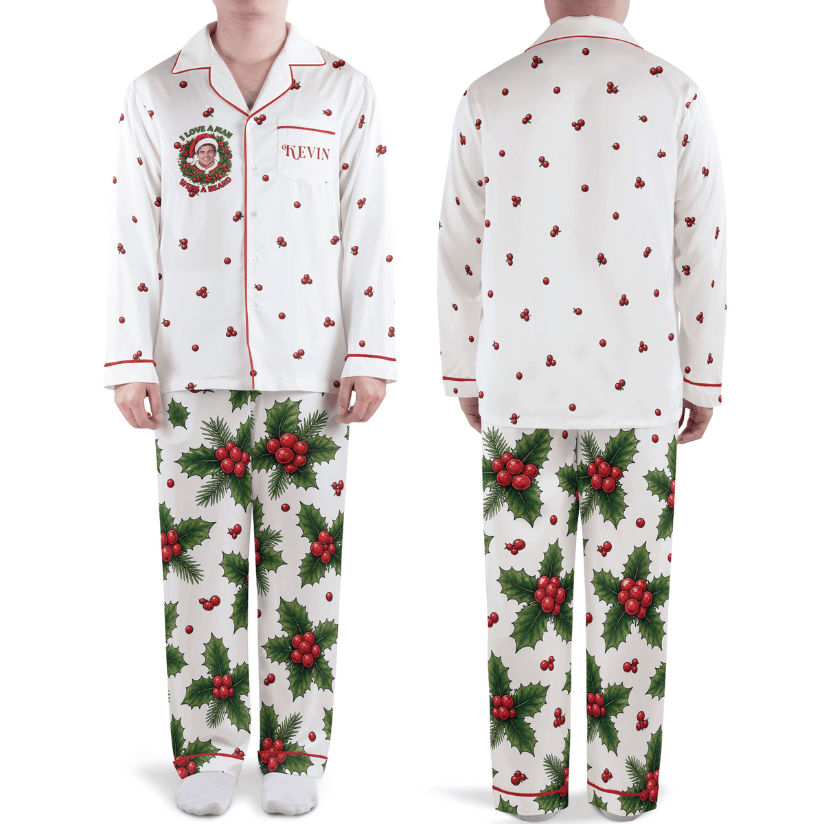 Custom face photo and name man with a beard holly wreath men Christmas pajamas set, front and back