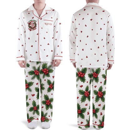 Custom face photo and name man with a beard holly wreath men Christmas pajamas set, front and back