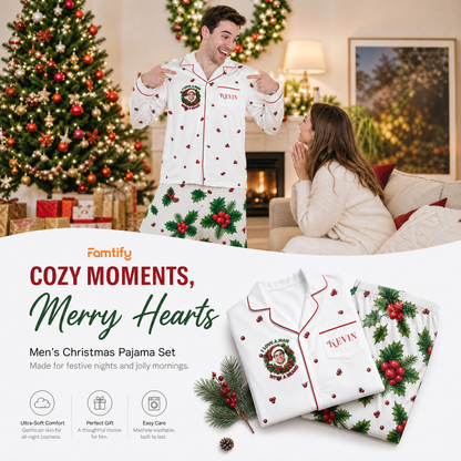 Custom face photo and name man with a beard holly wreath men pajamas view 3