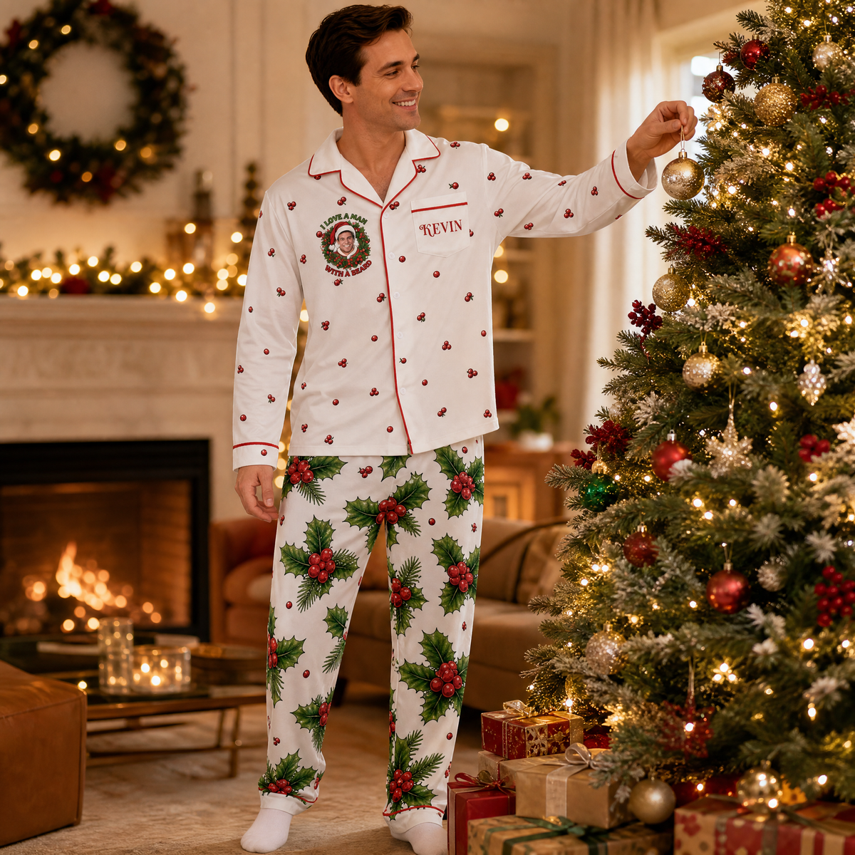 Custom face photo and name man with a beard holly wreath men pajamas view 5