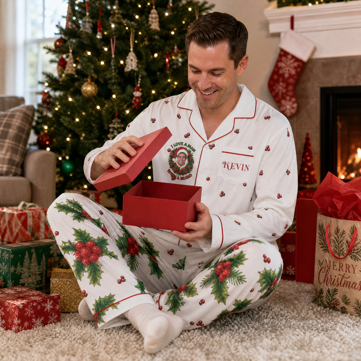Custom face photo and name man with a beard holly wreath men pajamas view 7