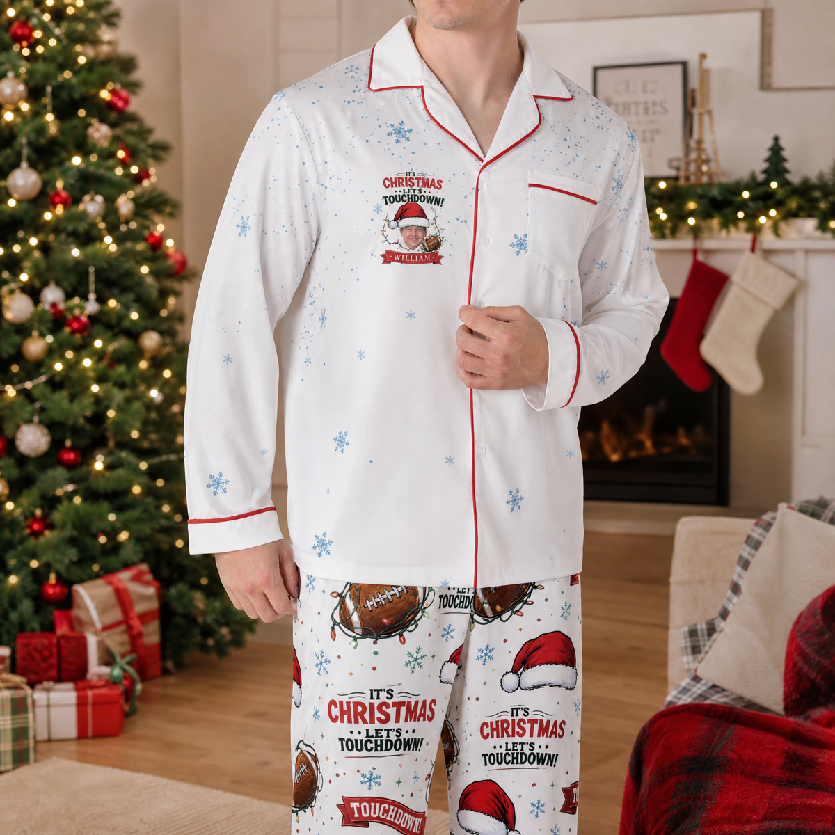 Man wearing custom face photo and name football touchdown badge Christmas pajamas by the tree