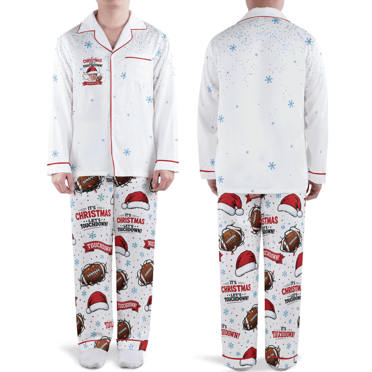 Custom face photo and name football touchdown badge men Christmas pajamas set, front and back