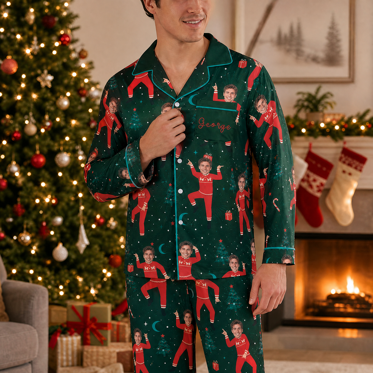 Man wearing custom face photo and name dancing mini me disco Christmas pajamas by the tree
