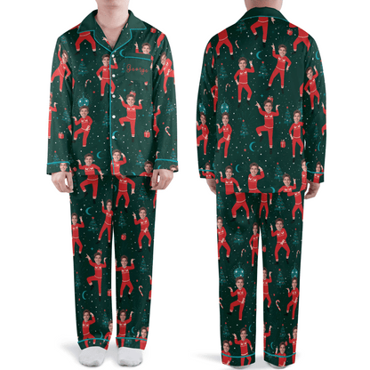 Custom face photo and name dancing mini me disco men Christmas pajamas set, front and back