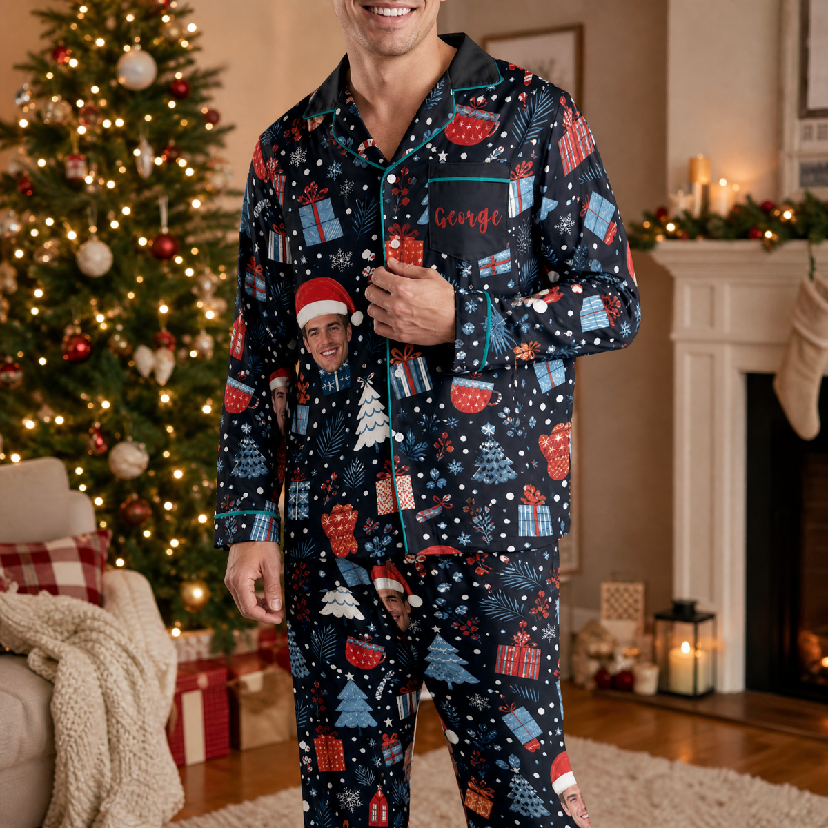 Man wearing custom face photo and name cocoa gifts snowflake night Christmas pajamas by the tree