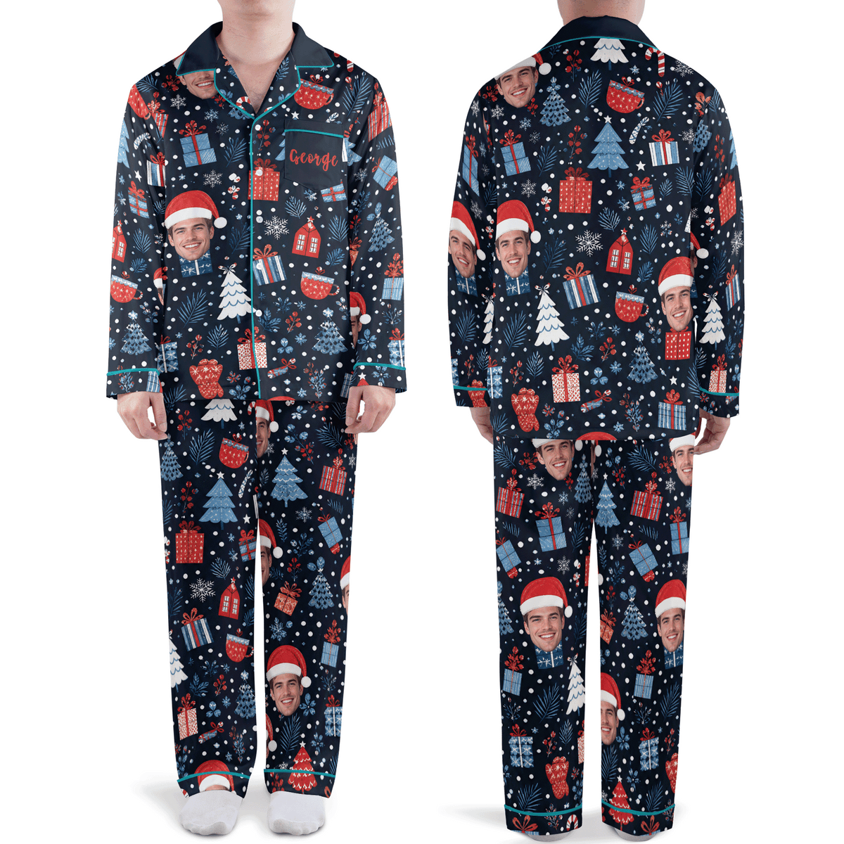 Custom face photo and name cocoa gifts snowflake night men Christmas pajamas set, front and back