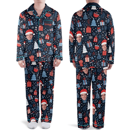 Custom face photo and name cocoa gifts snowflake night men Christmas pajamas set, front and back
