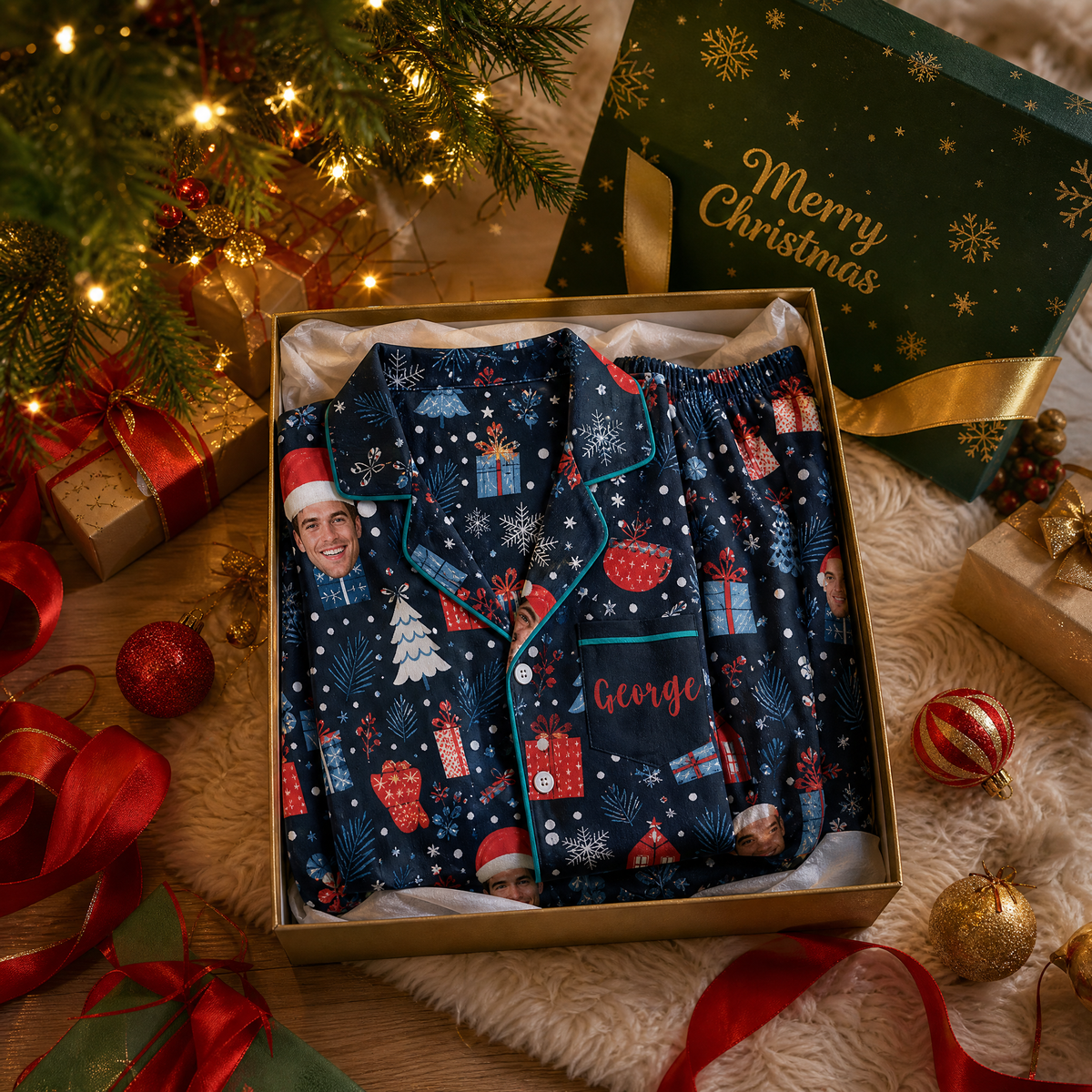 Custom face photo and name cocoa gifts snowflake night men pajamas view 4