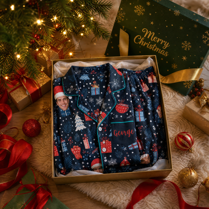 Custom face photo and name cocoa gifts snowflake night men pajamas view 4