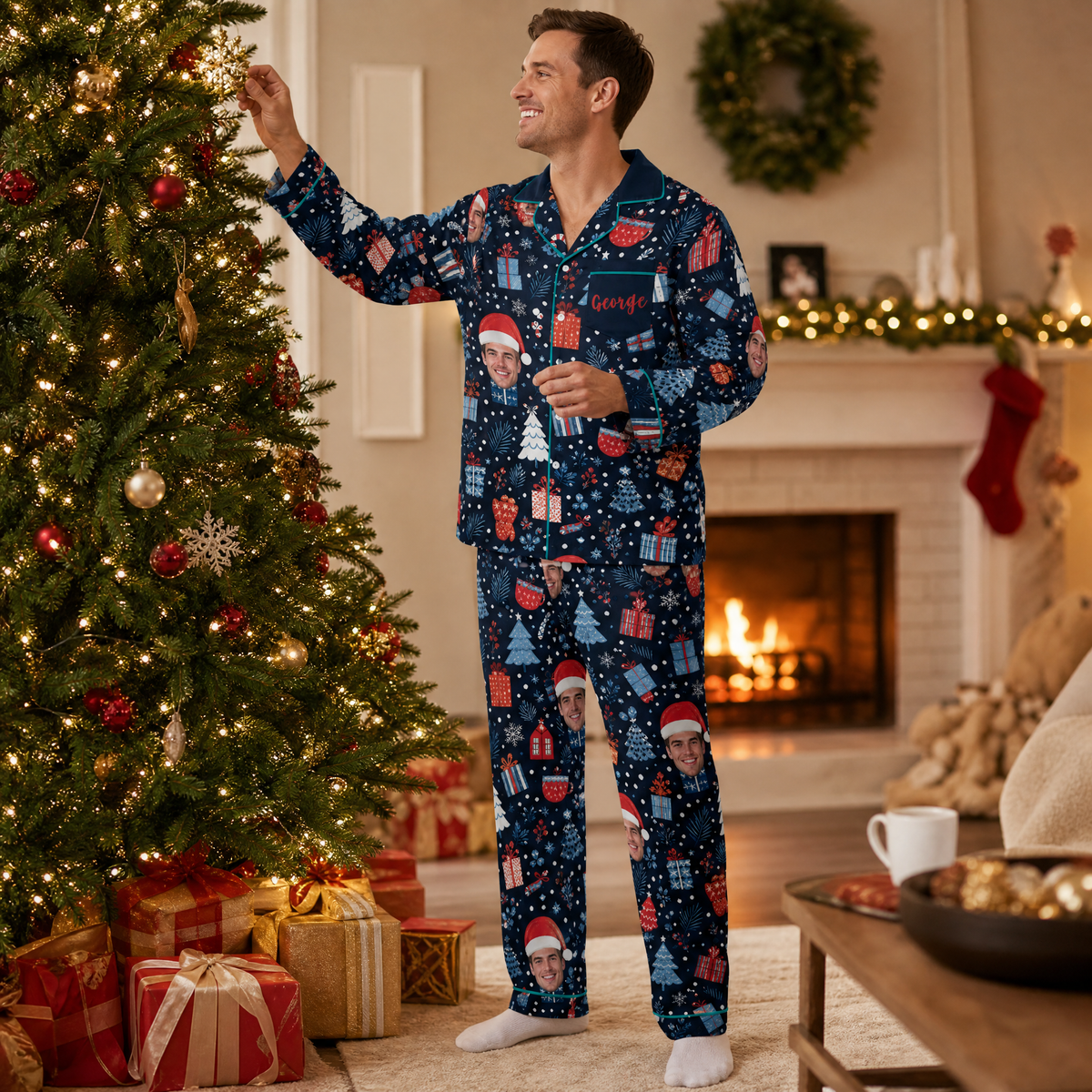 Custom face photo and name cocoa gifts snowflake night men pajamas view 5