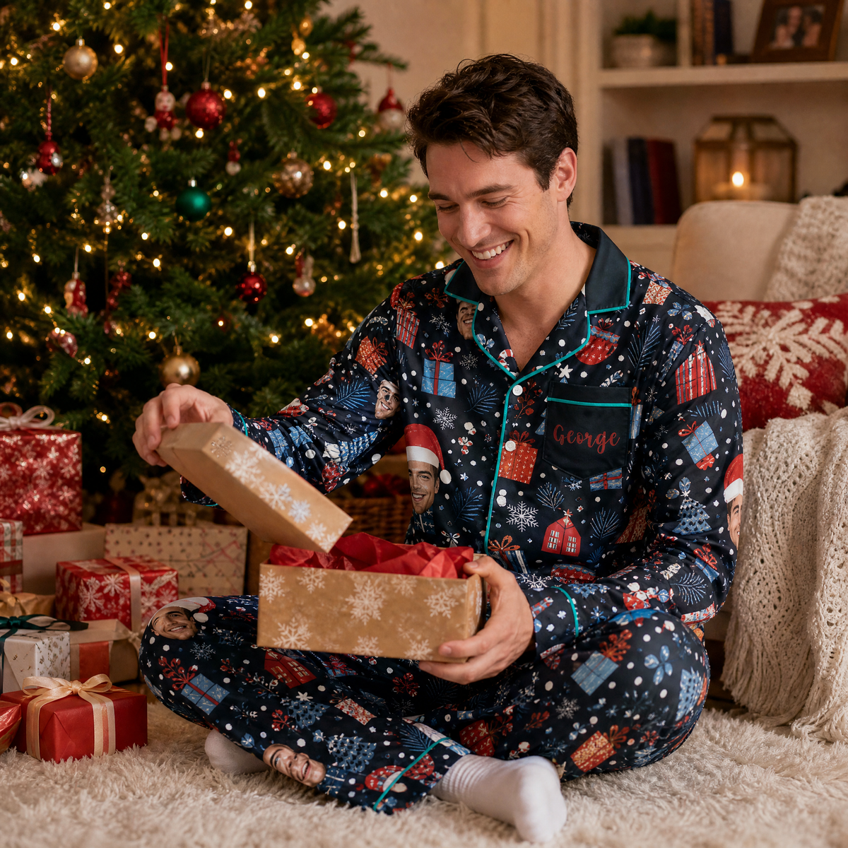 Custom face photo and name cocoa gifts snowflake night men pajamas view 6