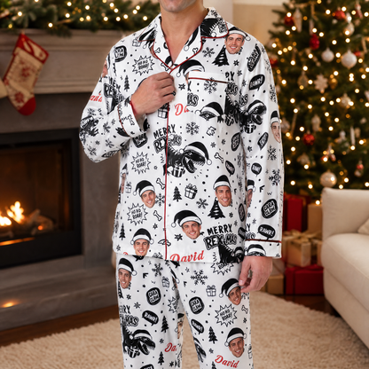Man wearing custom face photo and name dinosaur Merry Rexmas Christmas pajamas by the tree
