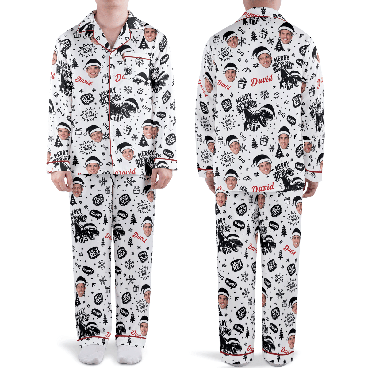 Custom face photo and name dinosaur Merry Rexmas men Christmas pajamas set, front and back