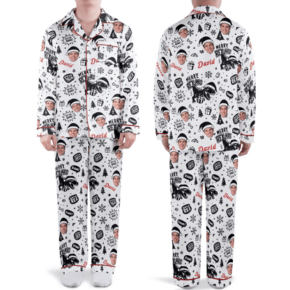 Custom face photo and name dinosaur Merry Rexmas men Christmas pajamas set, front and back