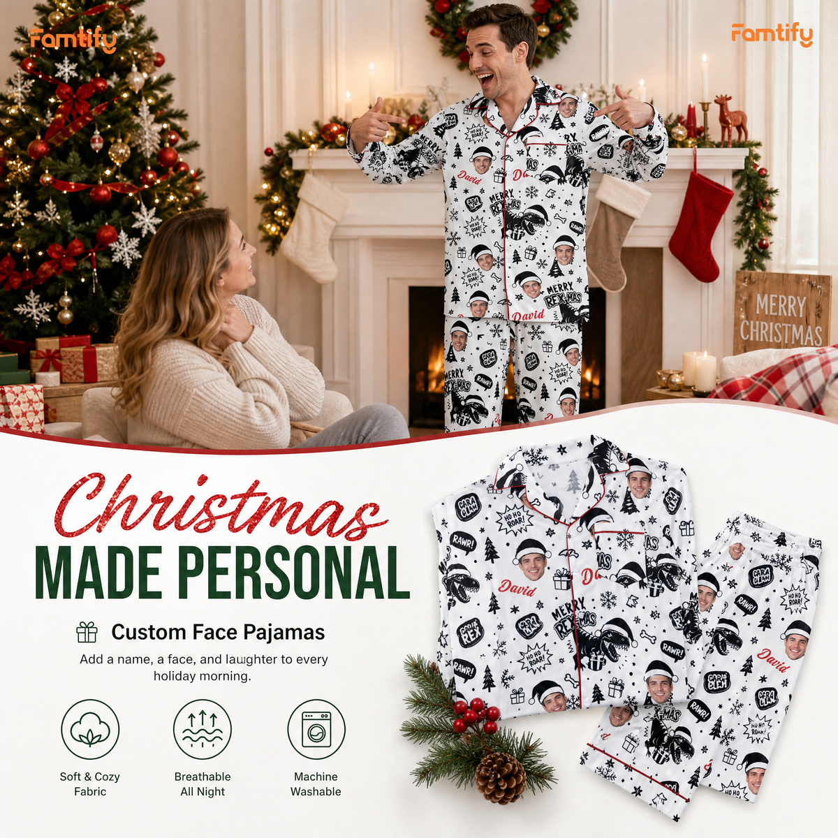 Custom face photo and name dinosaur Merry Rexmas men pajamas, Christmas made personal