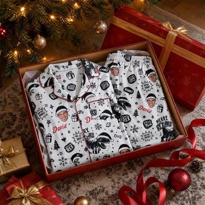 Custom face photo and name dinosaur Merry Rexmas men pajamas folded in a gift box