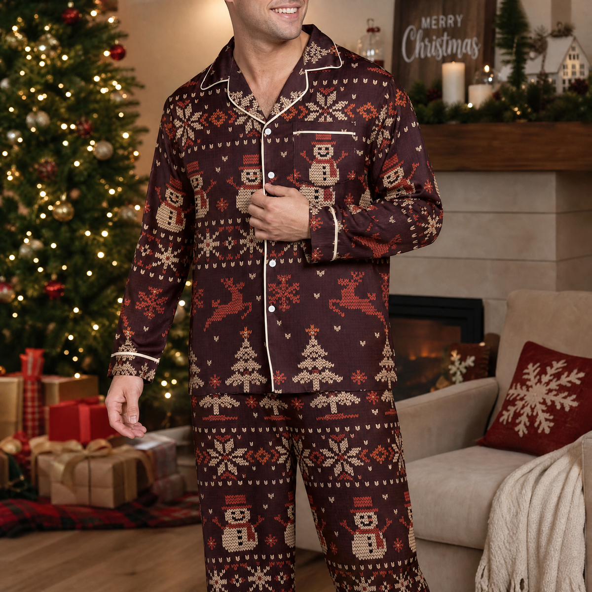 Man wearing custom face photo and name chillin with snowman Fair Isle Christmas pajamas by the tree
