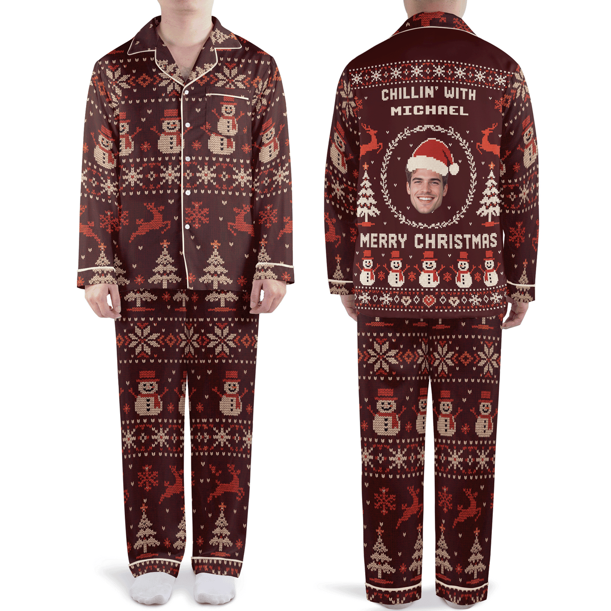 Custom face photo and name chillin with snowman Fair Isle men Christmas pajamas set, front and back