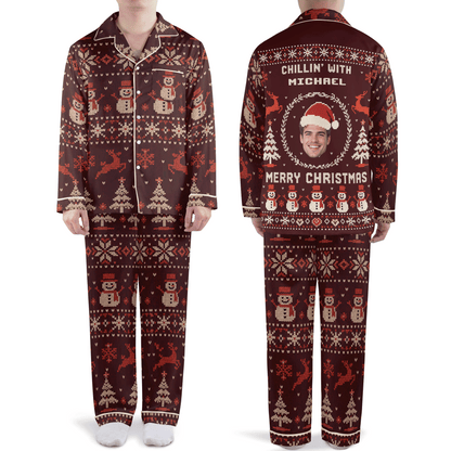 Custom face photo and name chillin with snowman Fair Isle men Christmas pajamas set, front and back