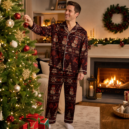 Custom face photo and name chillin with snowman Fair Isle men pajamas view 5