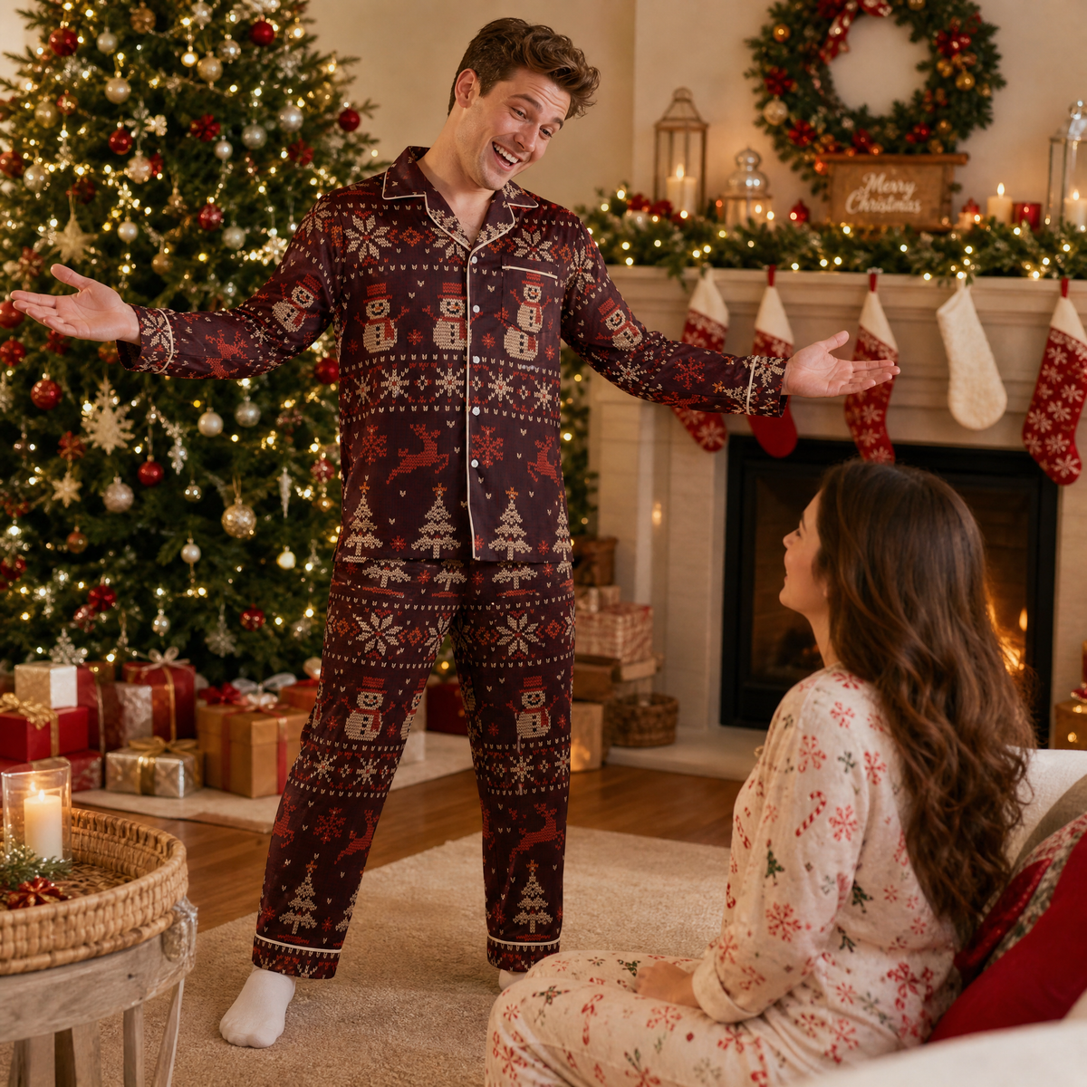 Custom face photo and name chillin with snowman Fair Isle men pajamas view 6