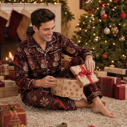 Custom face photo and name chillin with snowman Fair Isle men pajamas view 7