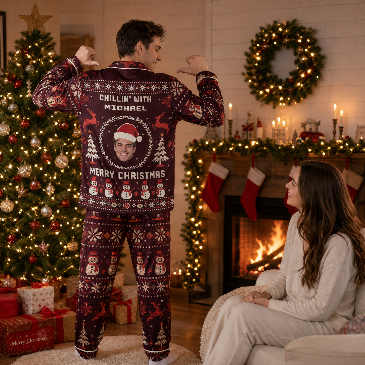 Custom face photo and name chillin with snowman Fair Isle men pajamas view 8
