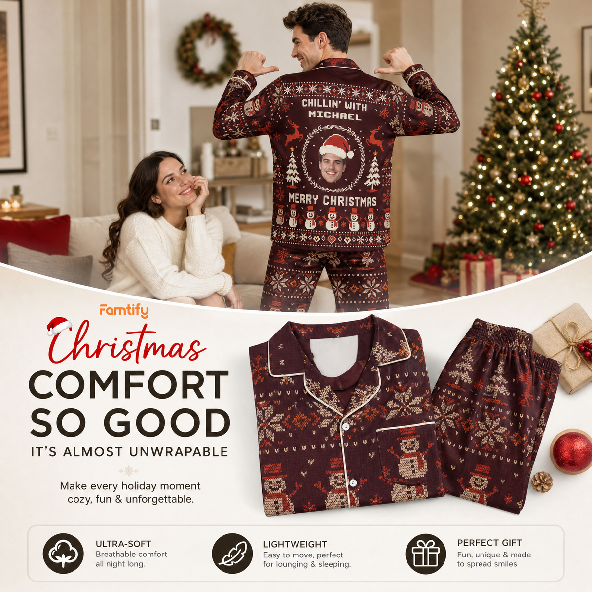 Custom face photo and name chillin with snowman Fair Isle men pajamas view 9