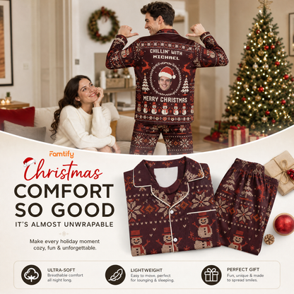 Custom face photo and name chillin with snowman Fair Isle men pajamas view 9