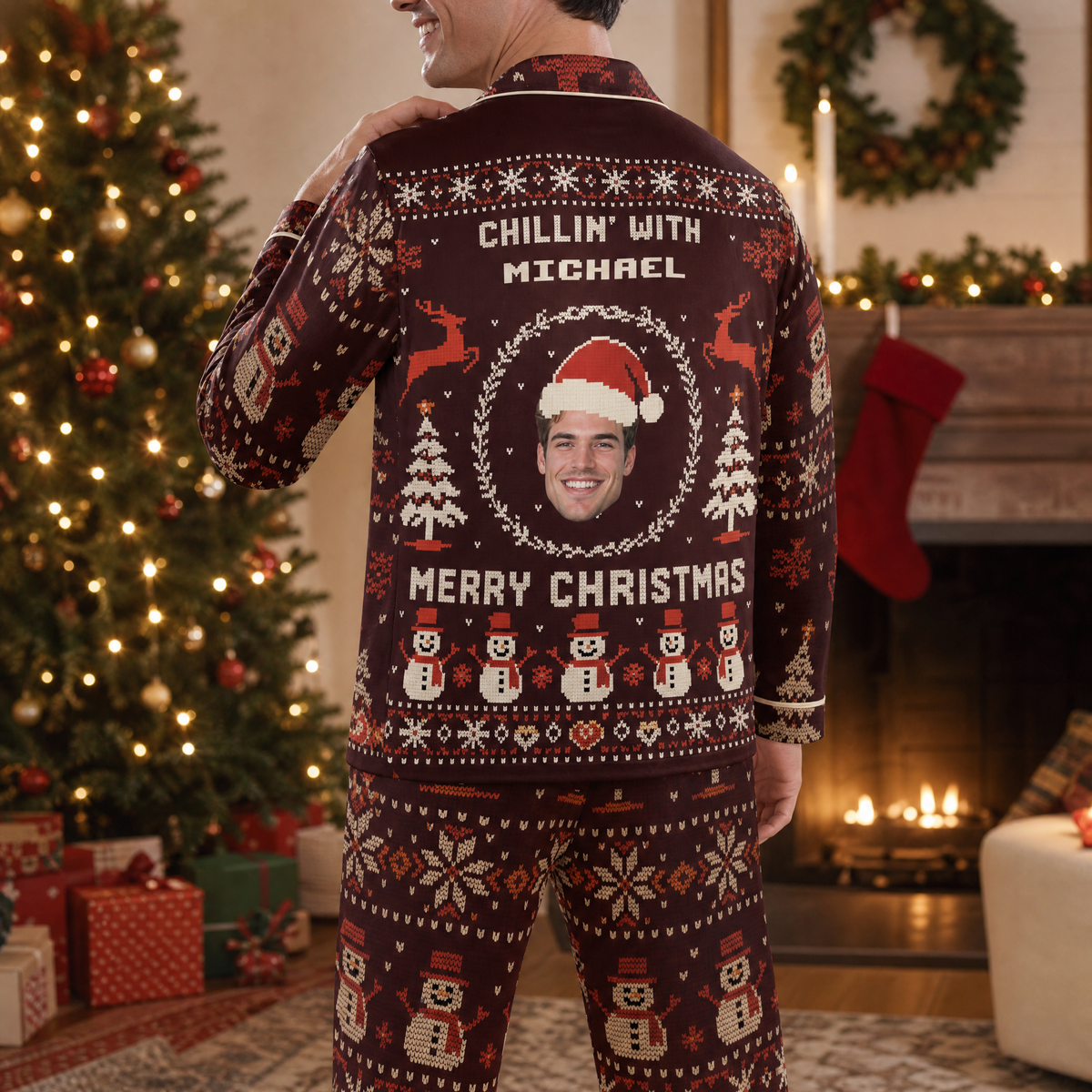 Custom face photo and name chillin with snowman Fair Isle men pajamas view 10