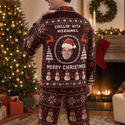 Custom face photo and name chillin with snowman Fair Isle men pajamas view 10