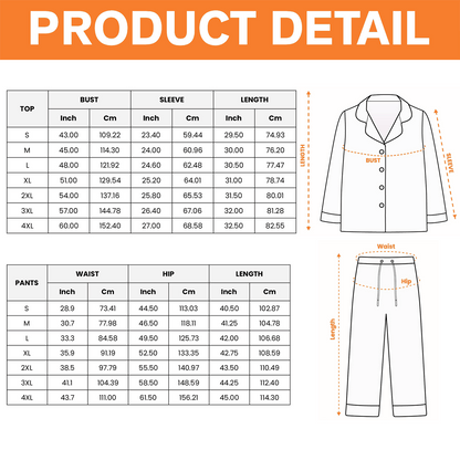 Men pajama set size chart from S to 4XL for shirt and pants