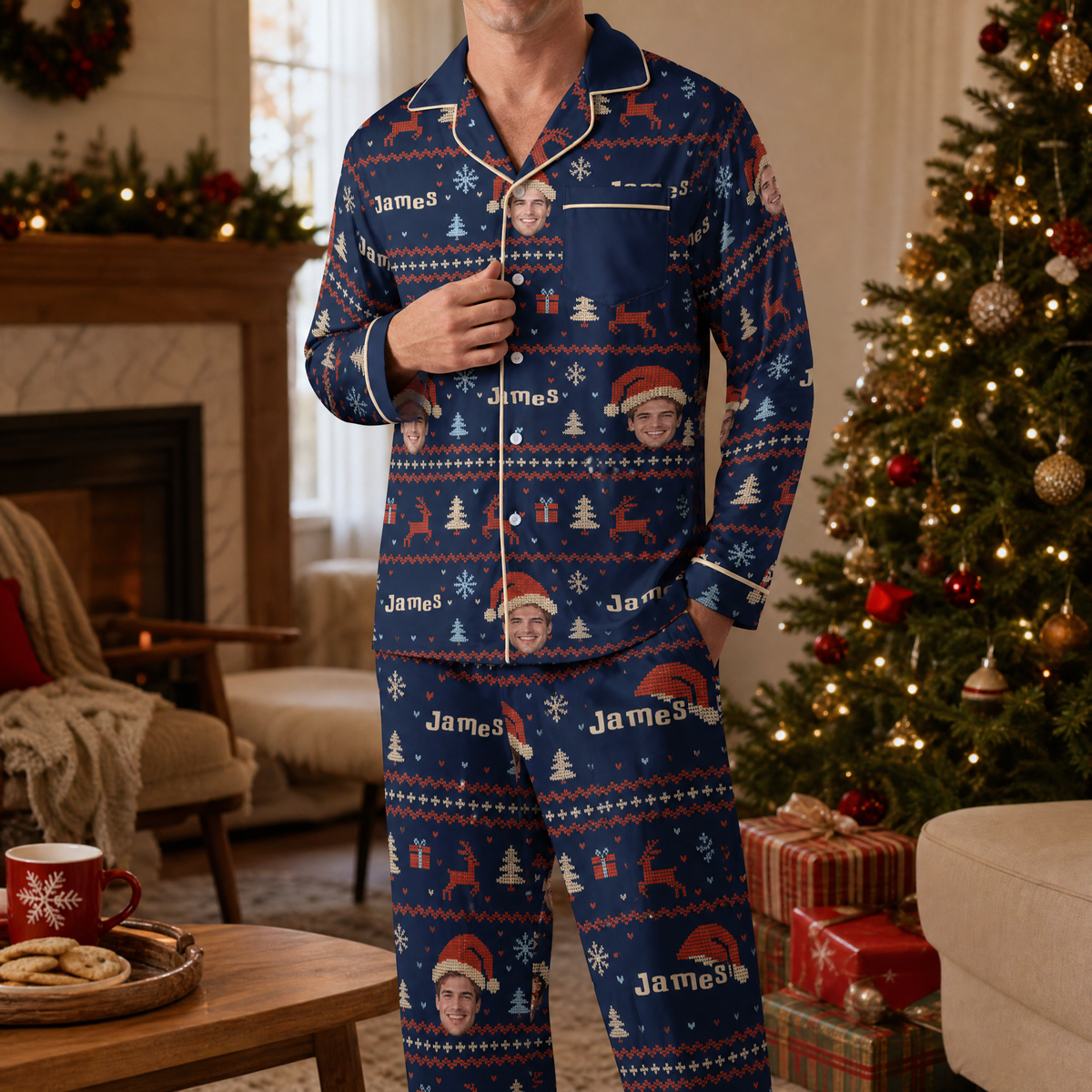 Man wearing custom face photo and name Fair Isle reindeer face Christmas pajamas by the tree