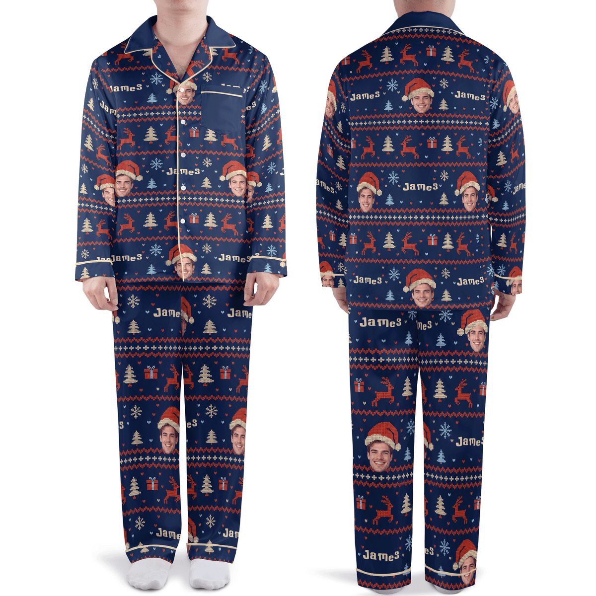 Custom face photo and name Fair Isle reindeer face men Christmas pajamas set, front and back