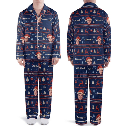 Custom face photo and name Fair Isle reindeer face men Christmas pajamas set, front and back