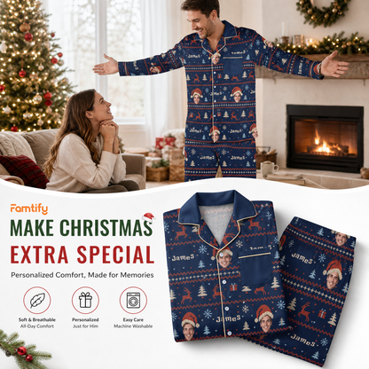 Custom face photo and name Fair Isle reindeer face men pajamas view 3