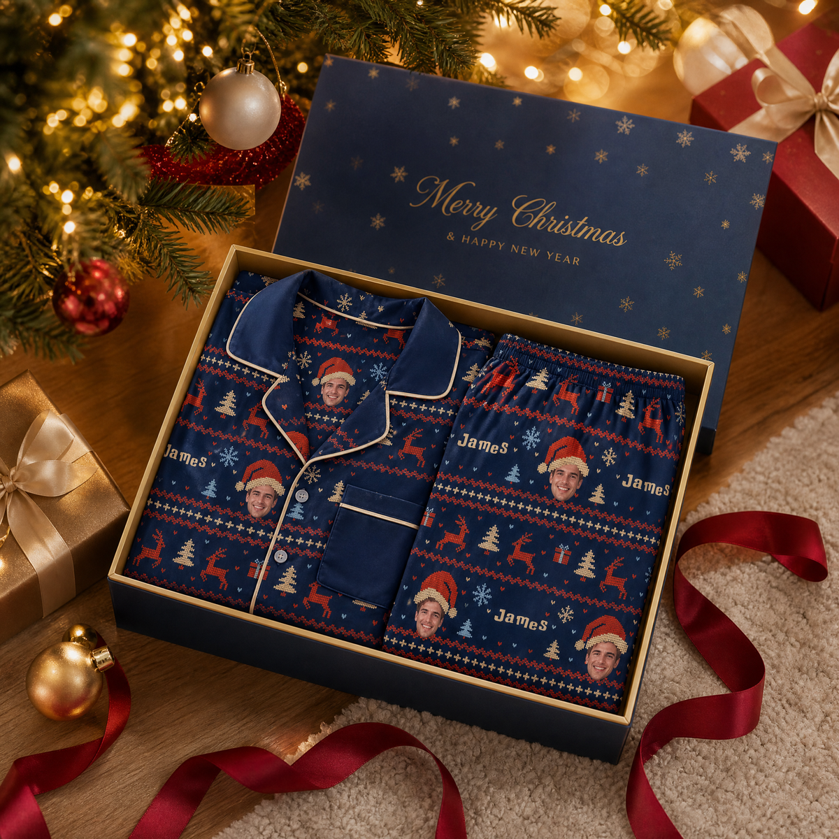 Custom face photo and name Fair Isle reindeer face men pajamas view 4