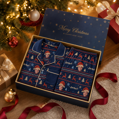 Custom face photo and name Fair Isle reindeer face men pajamas view 4