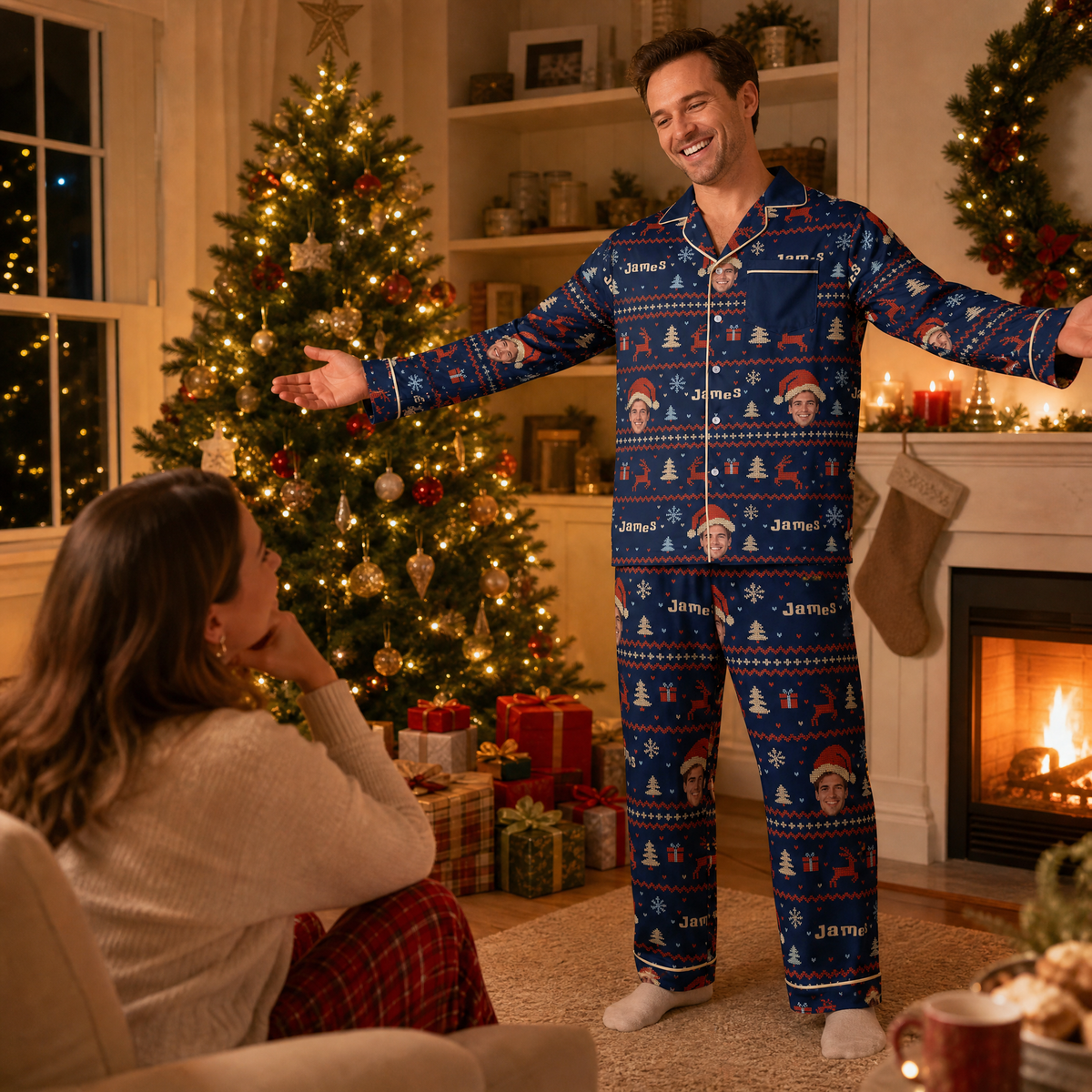 Custom face photo and name Fair Isle reindeer face men pajamas view 6