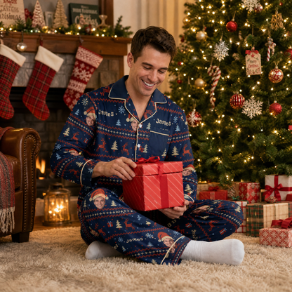 Custom face photo and name Fair Isle reindeer face men pajamas view 7